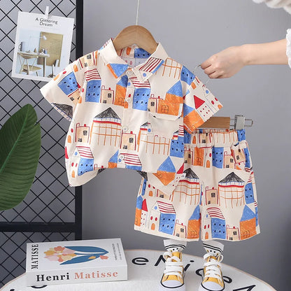 2PC Summer Boys' Short-sleeve Shirt Tops Print Fashionable Outfit for Outdoor Wear New Summer Trendy Set for Kids