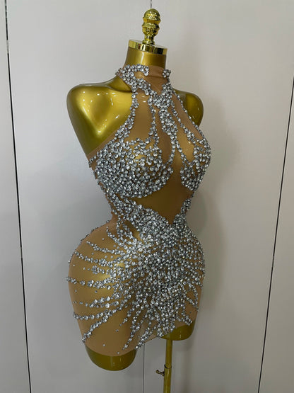Rhinestones Sexy Mesh See Through Dress Party Evening Prom Celebrate Birthday Dress Singer Dancer Show Stage Wear