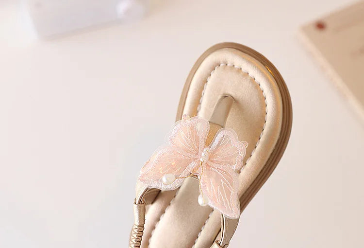 Korean Style Little Girl Sandal Clip-toe Children's Princess Beach Slippers Sweet Lace Butterfly Kids Fashion Flat Sandals New
