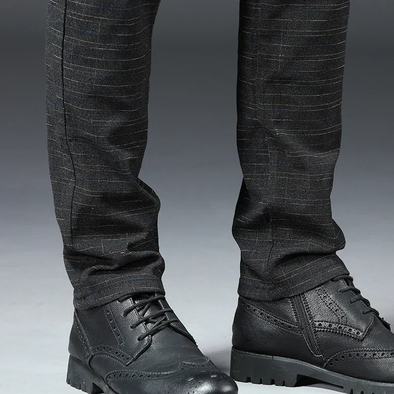 Spring Autumn New Men's Plaid Pants Black Blue Business Casual Formal Fashion Korean Classic Male Clothes Straight Trousers