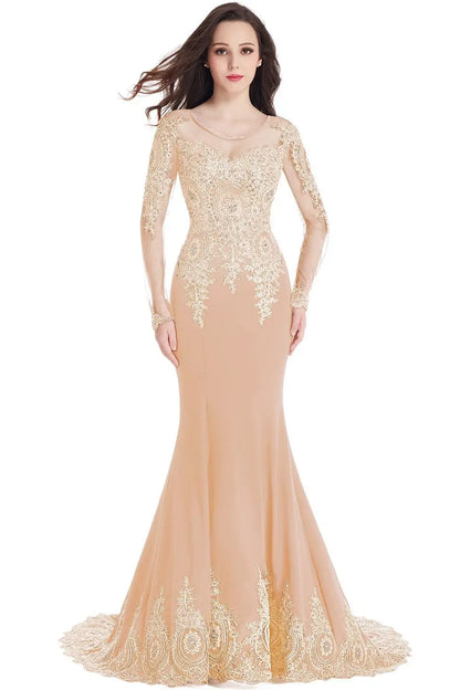 Prom Dresses Women Beading Long Sleeve Backless Elegant Lace Applique Formal Evening Party Gown For Bride Robe De Soirée