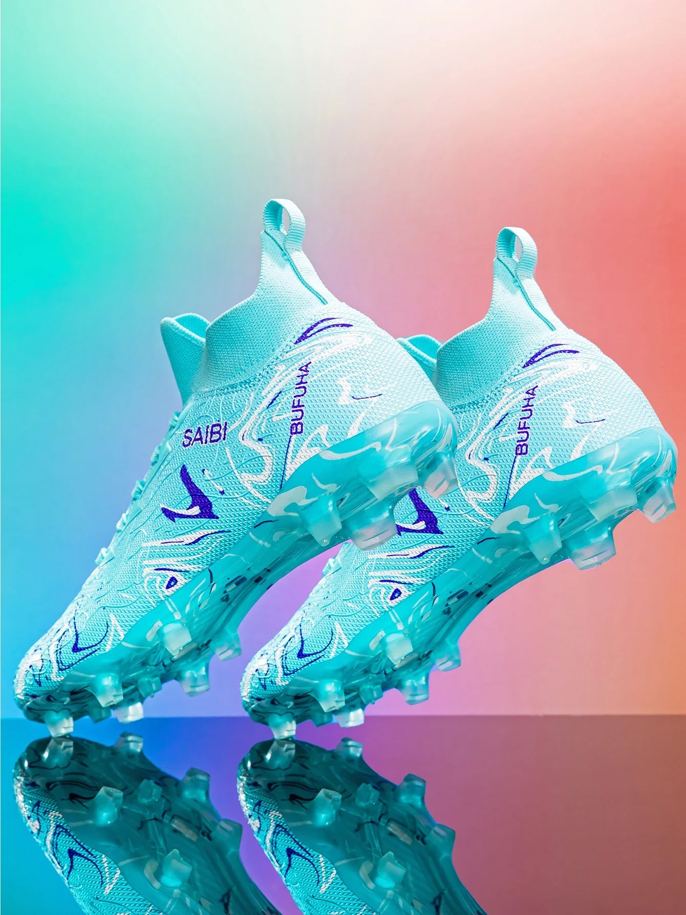 High-top football boots with long FG studs and TF studs,suitable for both men and women,featuring breathable and non-slip design