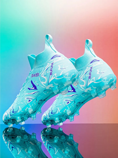 High-top football boots with long FG studs and TF studs,suitable for both men and women,featuring breathable and non-slip design