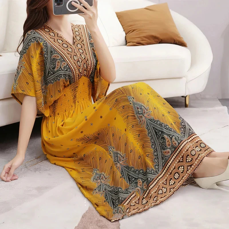 Flower V-neck Elastic Youthful Bohemian Sweet Midi Dress Woman Clothes Chic Fashion Summer Dresses 2025 Large Swing Ski