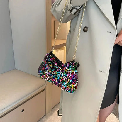Solid Color Sequins Crossbody Bag Simple INS Chain Sequins Shoulder Bag Pocket Bag Phone Bag Small Square Bag Dinner Party