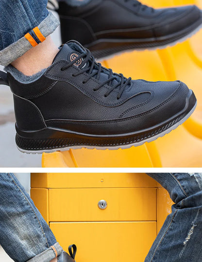 Plush Labor Protection Shoes for Winter Work Shoes Men's Anti Smashing Anti Piercing Microfiber Leather Work Cotton Safety Shoes
