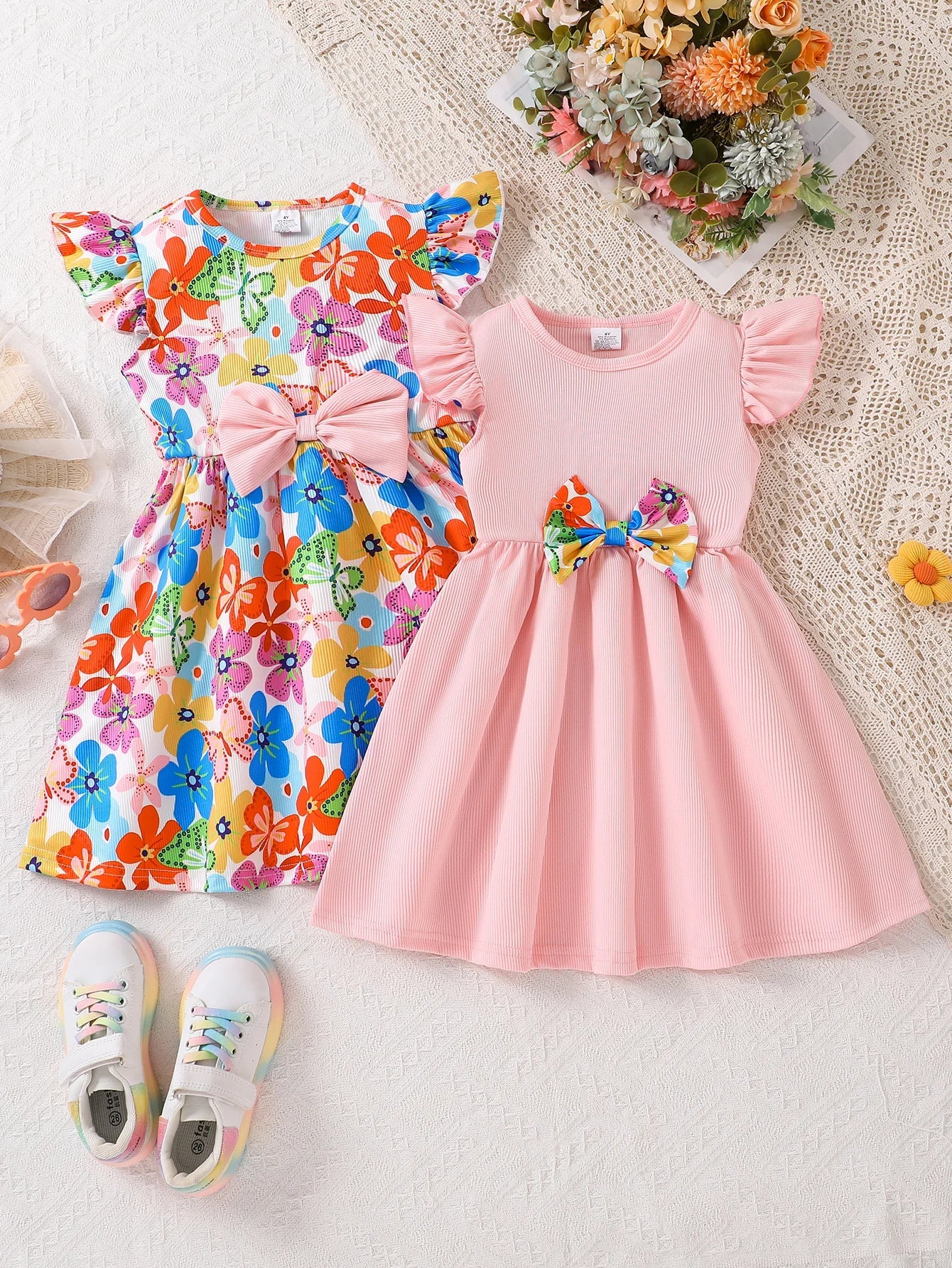 2-Pack - Girls' Fashionable Summer Dresses, Children's Clothing, Floral Butterfly Print, Round Neck, Flutter Sleeves, Waist-Cinching, Bowknot, Mid-Length Dress, Summer Wear, Simple and Comfortable Casual Versatile Youthful Ch