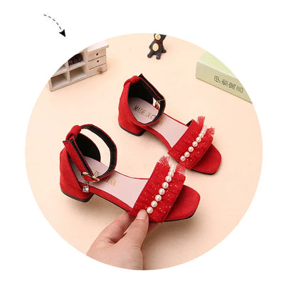 Girls Sandals Summer Shoes Cute Pearls Roman Shoes Pink Black Beading Open-toe Kids Fashion Girls Party Sandals Kids Shoes Chic