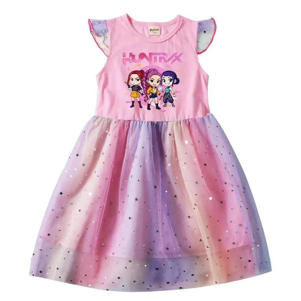 Baby Girls Dress Children Cartoon Mesh Star Sequins Princess Dress Kids Flying Sleeve Skirt For Birthday Gift