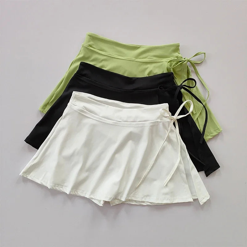 Solid Patchwork Sports Casual Short Skirt Women Lace Up Slit Yoga Dance Mini Skirt Summer Fashions Badminton Tennis Skirt