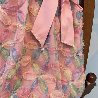 Girl Dress 2025 Summer New Girl Dress Princess Dress Little Girl Fashion Colorful Flower Yarn Dresses Kid Clothes