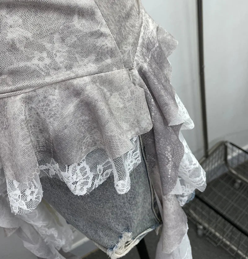 Summer Y2K Camisole for Women Casual Spaghetti Straps Double Layers Lace Stretch Mesh Patchwork Asymmetrical Slim Tops