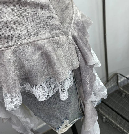 Summer Y2K Camisole for Women Casual Spaghetti Straps Double Layers Lace Stretch Mesh Patchwork Asymmetrical Slim Tops