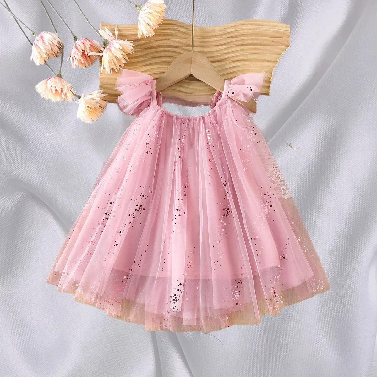 2026 Summer 1-5Y Korean Style Girls Suspender Dress Kids Flutter Sleeve Mesh Breathable Daily Party Dress Children Clothes