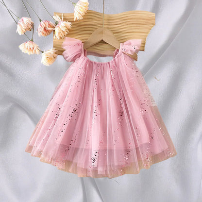 2026 Summer 1-5Y Korean Style Girls Suspender Dress Kids Flutter Sleeve Mesh Breathable Daily Party Dress Children Clothes