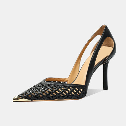 Women Hollow Sandals Elegant Pointed Toe Metal Straps High Heels Shoes Women Elegant Fashion Concise Sandals  Zapatos De Mujer