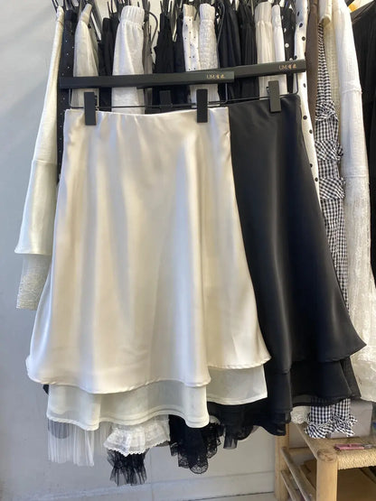 Elegant Satin Women Skirts Solid Zipper Faldas Mujer Ladies Double-layer Casual Chic Black White Dot Mini Skirt Korean Summer