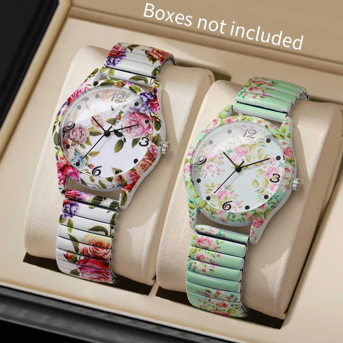 2/3PCS Fashion Flower Printed Women Quartz Wristwatches Set Ladies Casual Elastic Strap Arabic Dial Watch（Without Box）