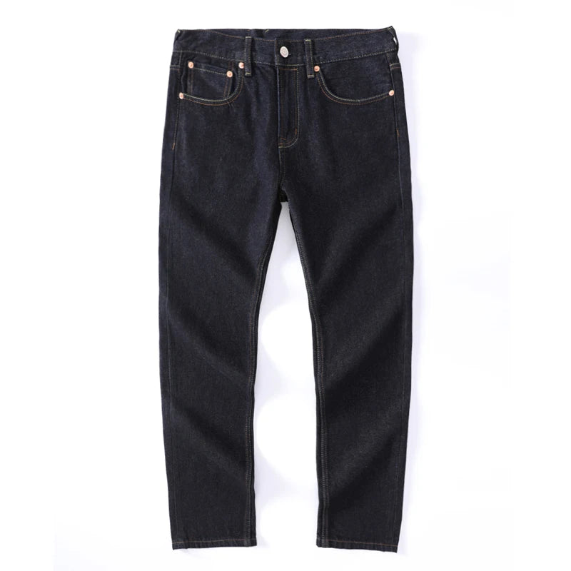 Men's Japanese Handmade Embroidered Cotton Jeans Straight Tube Slim Fit Hip-Hop Trousers Red Ear Detail Devil Big M Golden Text