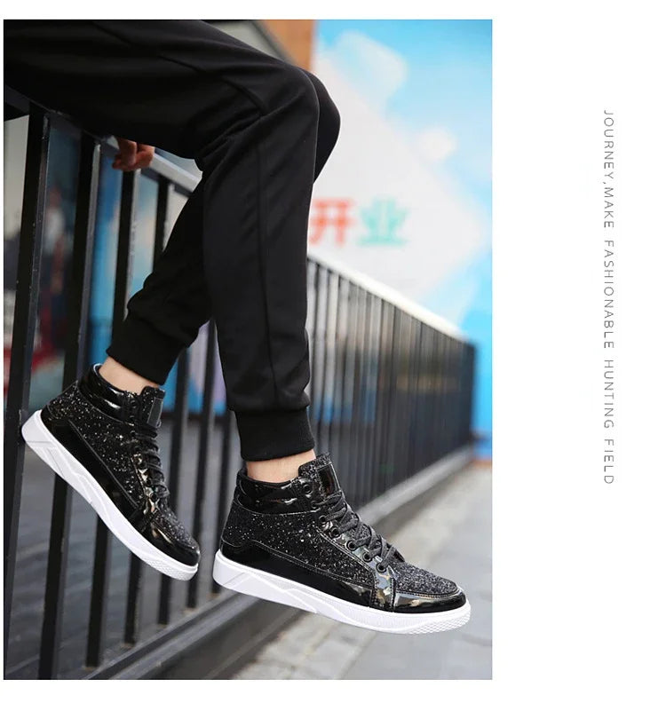Man High Top Sneakers Luxury Glitter Men Ankle Boots Fashion Non-slip Casual Shoes High Quality Hip Hop Men Boots 2024