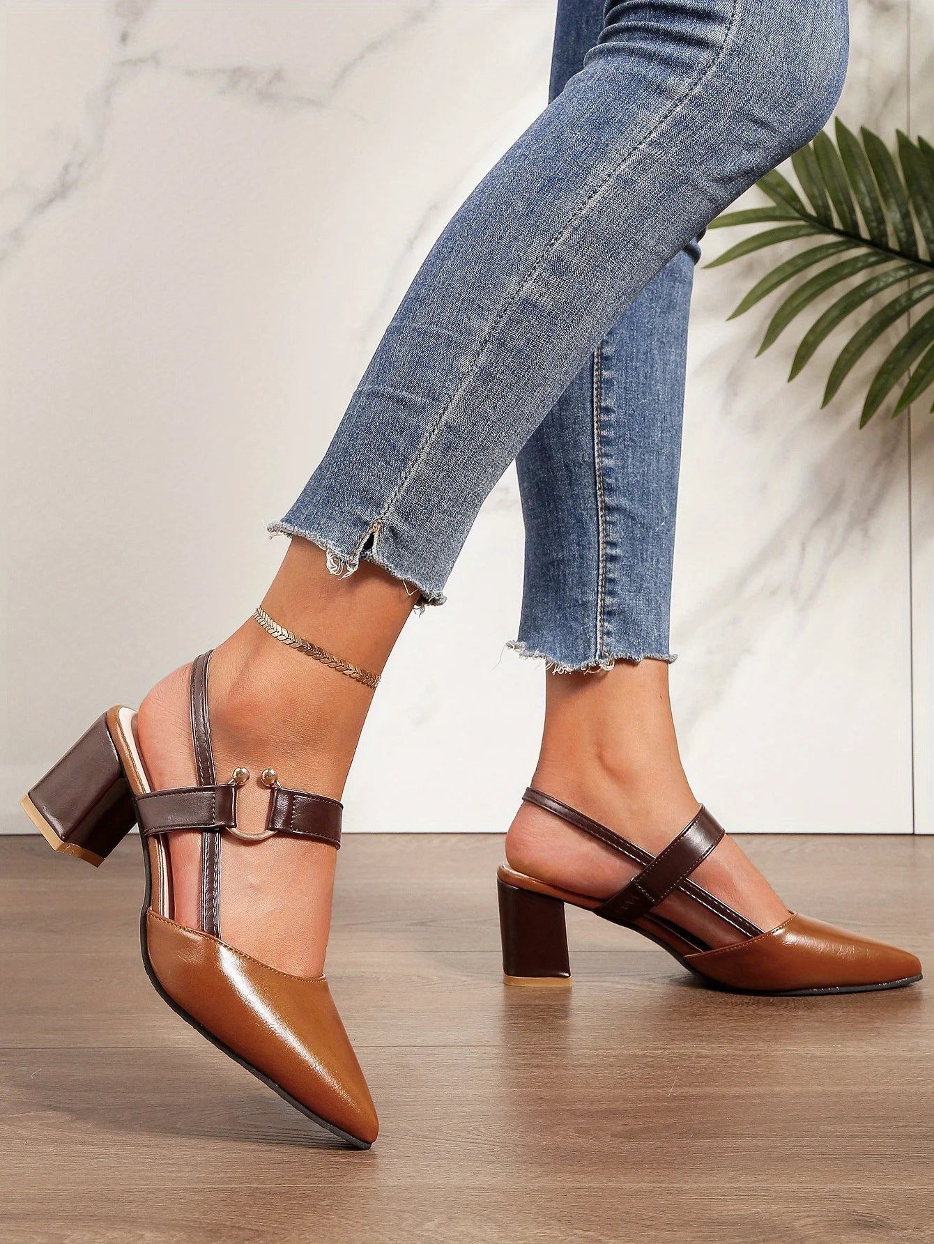 Women's Pointed Toe Block High Heel Sandals, Fashion Solid Color Slingback Shoes, Versatile Mid Heels