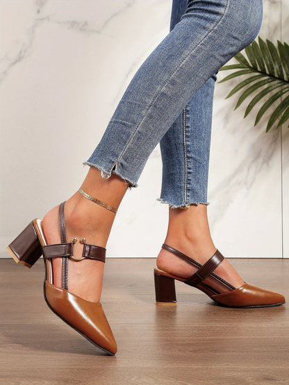 Women's Pointed Toe Block High Heel Sandals, Fashion Solid Color Slingback Shoes, Versatile Mid Heels