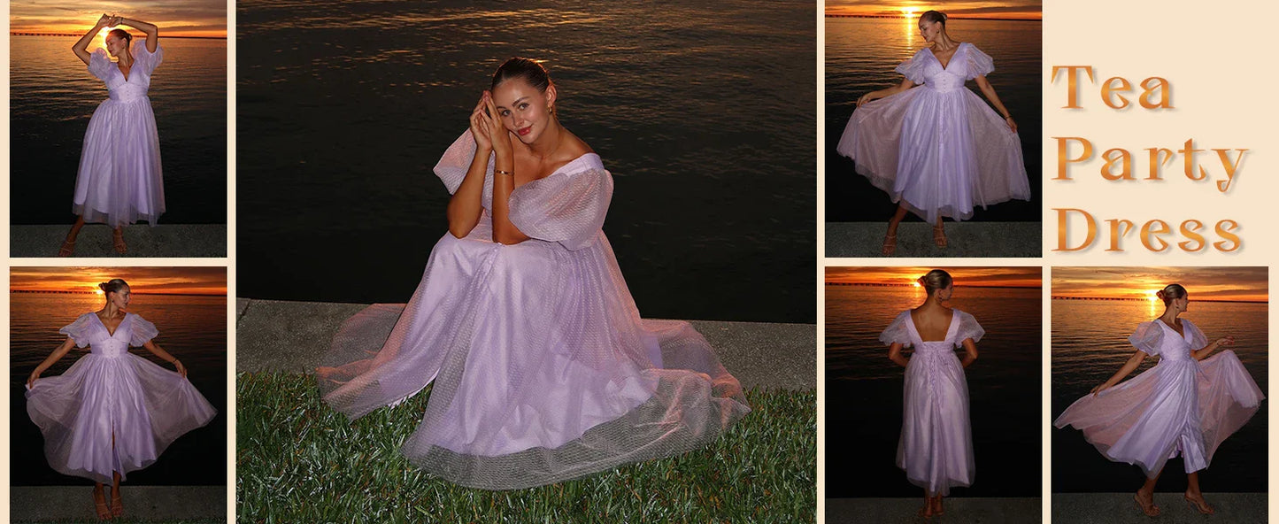 Puffy Sleeve Prom Dresses for Women Dotted Tulle V Neck Formal Evening Party Gowns Tea Length Formal Dress Women Elegant