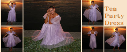 Puffy Sleeve Prom Dresses for Women Dotted Tulle V Neck Formal Evening Party Gowns Tea Length Formal Dress Women Elegant