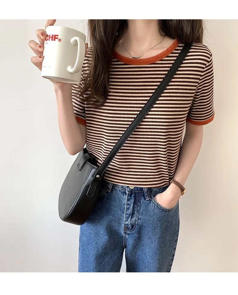 Striped Short Sleeve T-shirt Women's Summer New Korean Version Loose Retro Contrast Slim Round Neck Top Women's Fashion Casual