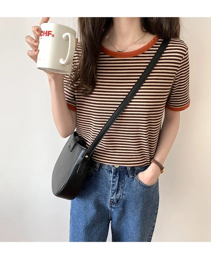 Striped Short Sleeve T-shirt Women's Summer New Korean Version Loose Retro Contrast Slim Round Neck Top Women's Fashion Casual