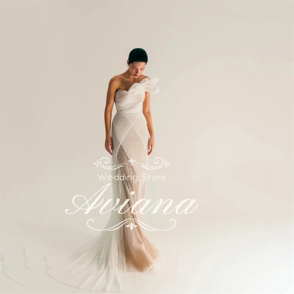 Customized Aviana One Shoulder Ruffled Tulle Sheer Overlay Mermaid Wedding Dress Open Back High Slit Long Train Sleeveless 2025