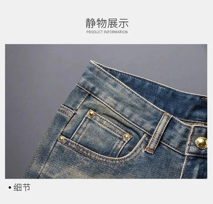New Spring/Autumn Fashion Trendy Printed American Retro Straight Leg Jeans Men's Casual Sports High Quality Stretch Denim Pants