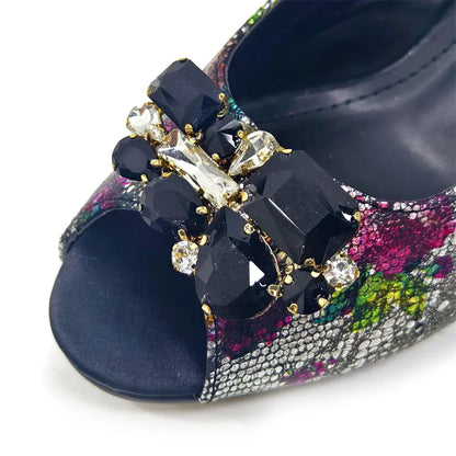 Elegant Women Heels for Peep Toe Good Material Design Rhinestone Yellow Sandals Italian Shoes and Bags Matching Set 2024