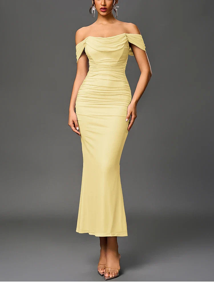 Women's Off Shoulder Ruched Mesh Long Corset Dress Backless Fishbone Bodycon Elegant Fashion Party Club Maxi Dresses