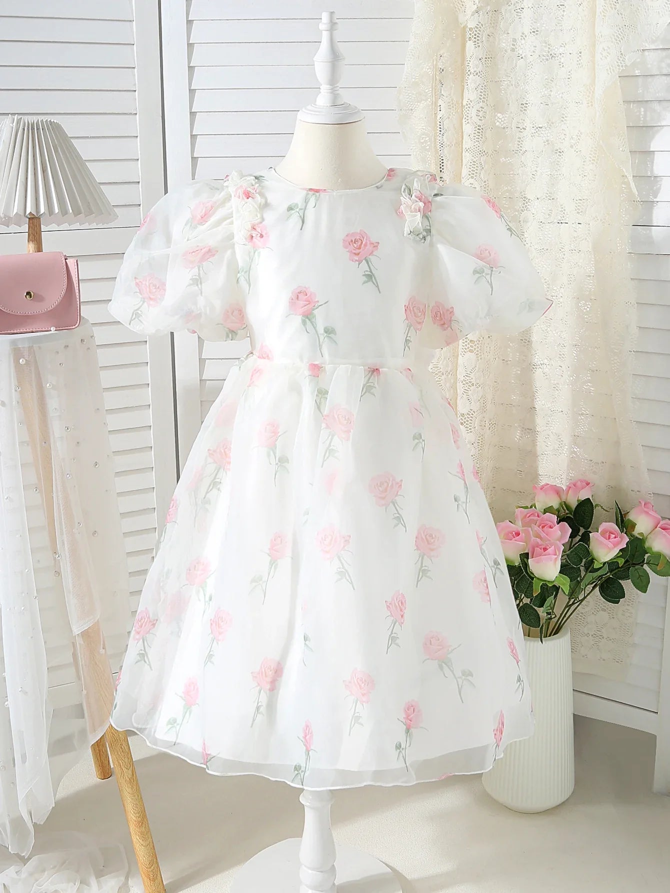 Summer New Girls' Floral Bubble Sleeves Stylish Back Bow Princess Dress Dress