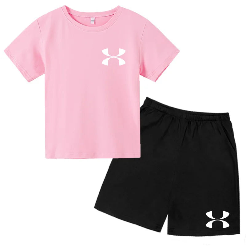 Fashion Two-Piece Casual t-shirt Set Kids  Summer Sports Short-Sleeved Boy Girl 3-13Yrs  T-shirt +Shorts