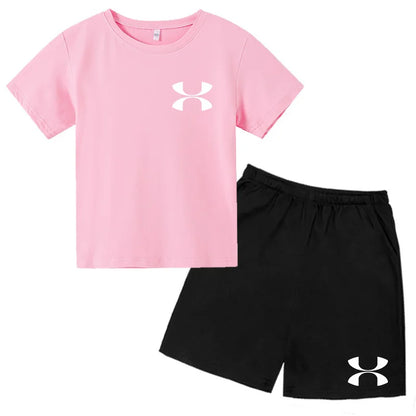 Fashion Two-Piece Casual t-shirt Set Kids  Summer Sports Short-Sleeved Boy Girl 3-13Yrs  T-shirt +Shorts