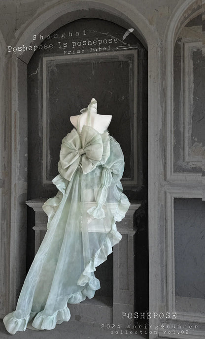High Street Women's Mint Green Strapless Bowknot Sweet Fairy Organza Dress 2024 New Elegant Big Bow Trailing Party Wedding Dress