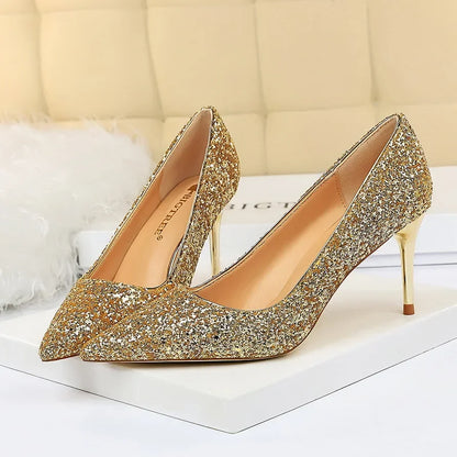 Women Luxury Bling Red  Blue Valentine Party Scarpins Pumps Lady Glitter Sequins 7cm 9.5cm High Heels Designer Shoes Plus Size
