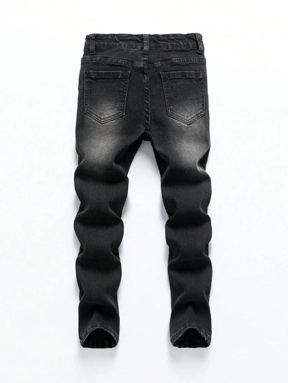 1 Piece of Men's Four-Season Snowflake Washed Fashion Jeans, Stretch Slim Fit Light Gray Dark Black Casual Denim Pants, Normcore and Fashionable, Suitable for Everyday Wear
