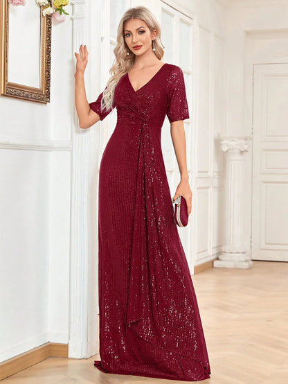 Luxury Floor Length V-Neck Evening Dress 2025 Women Elegant Party Maxi Sequin Short Sleeves Prom Cocktail Graduation Dress