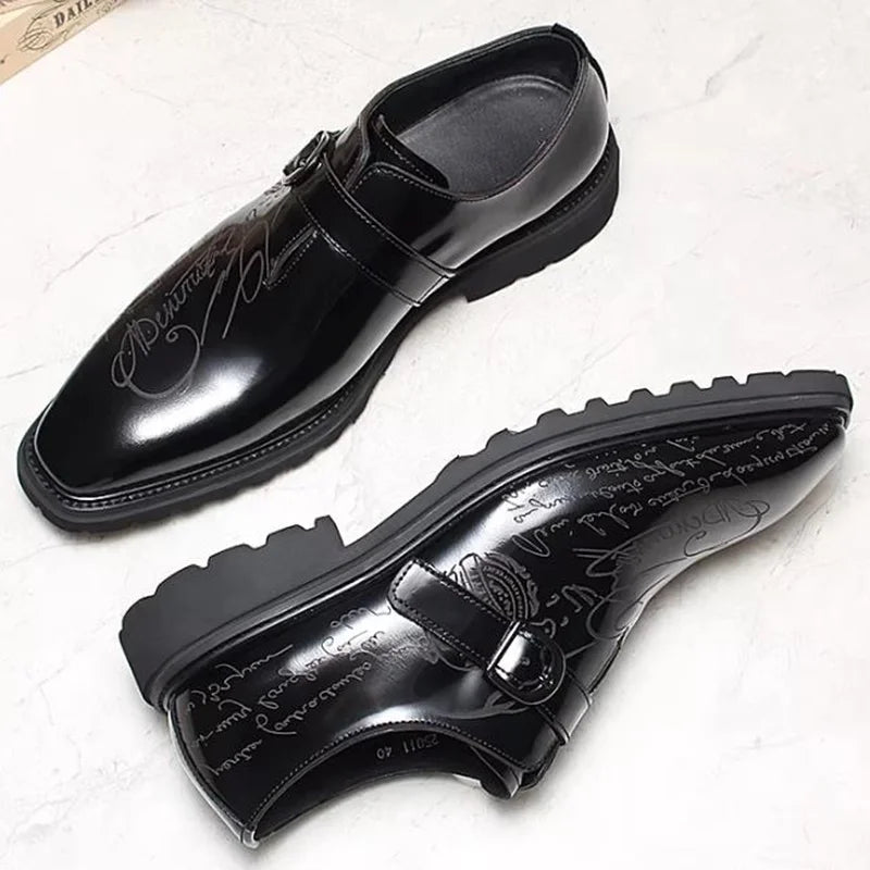 High-end Square-toe Slip-on Buckle Strap Leather Shoes Men Italian Formal Shoes Laser Engraved Letters Design Wedding Shoes Man