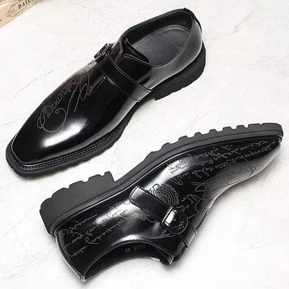 High-end Square-toe Slip-on Buckle Strap Leather Shoes Men Italian Formal Shoes Laser Engraved Letters Design Wedding Shoes Man