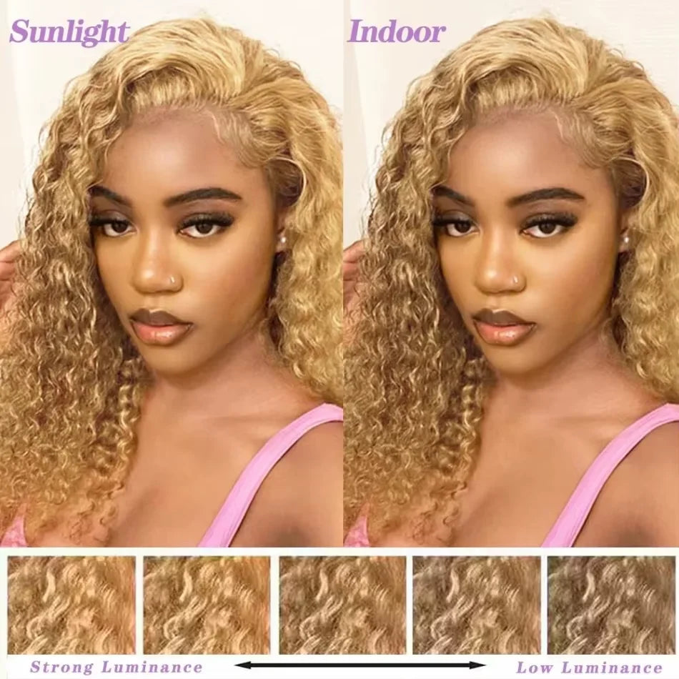 38Inch 13x6 HD Transparent Lace Front Wig Human Hair #27 Deep Wave Pre Plucked 200% Density Honey Blonde Curly Wig For Women