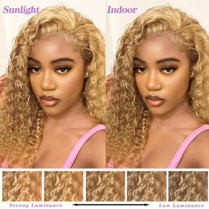 38Inch 13x6 HD Transparent Lace Front Wig Human Hair #27 Deep Wave Pre Plucked 200% Density Honey Blonde Curly Wig For Women