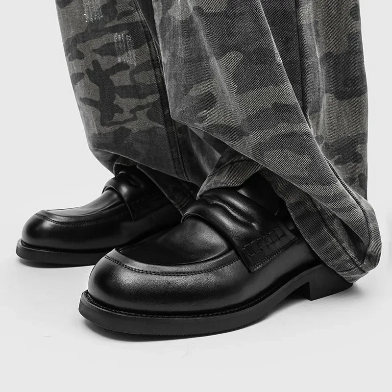 Low-Heel Round-Toe Business Casual Shoes Easy-To-Wear Thick-Heeled Height-Increasing Leather Loafers for Men Spring Autumn