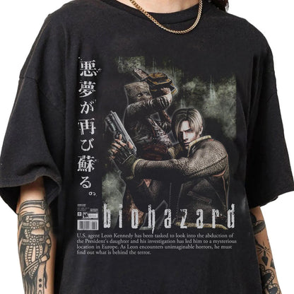 Retro Pirated Style Resident Evil T-shirts From The 1990s, Leon Kennedy T-shirts, Unisex Retro Resident Evil Theme T-shirts