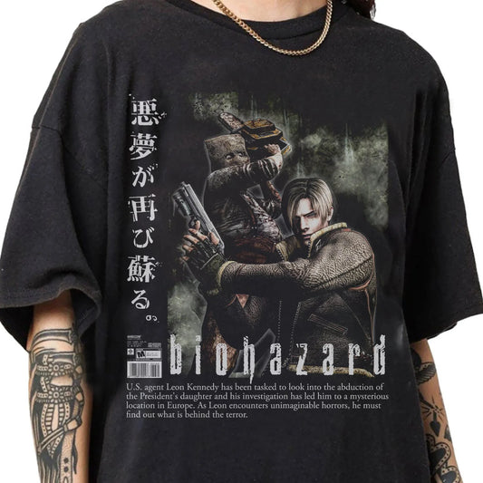 Retro Pirated Style Resident Evil T-shirts From The 1990s, Leon Kennedy T-shirts, Unisex Retro Resident Evil Theme T-shirts