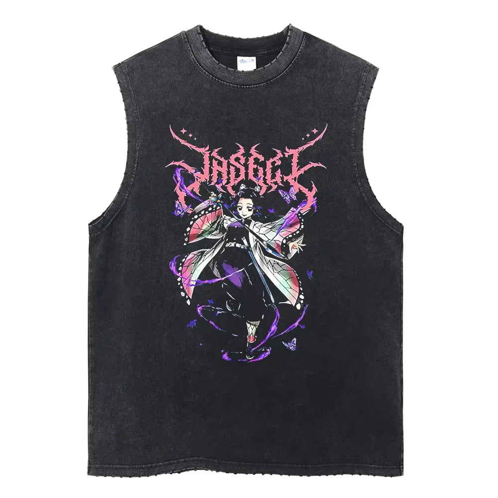 Anime Demon Slayer Printed Men's Tank Tops Summer Y2k Washed Cotton Vintage Gym Vest Women's Casual Sleeveless Shirts Steetwear