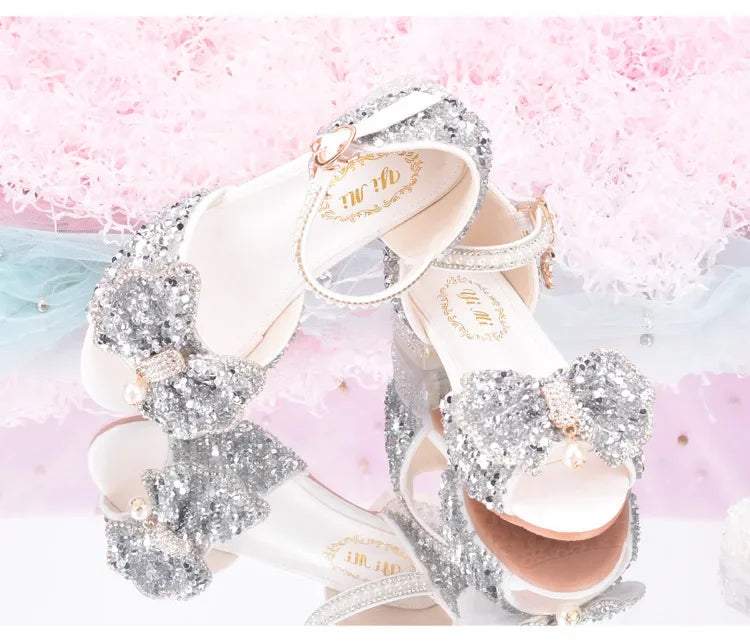 2025 Summer Girls' Princess Shoes Fashion Sequin Bow Soft Bottom Children's Sandals Girls' Performance Pearl Crystal High Heels